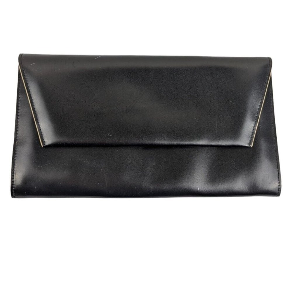 Jack Georges Black Leather Envelope Clutch with Cream Piping